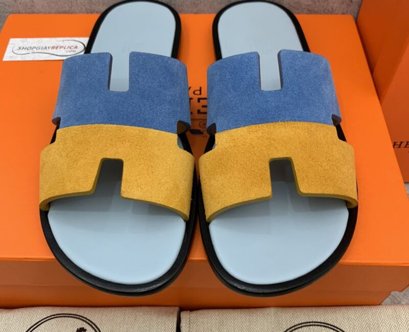 Dép Hermes Nam da Lộn 2 Màu (Bicolor) Xanh Vàng Like Auth Đế Gỗ