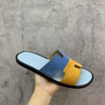 Dép Hermes Nam da Lộn 2 Màu (Bicolor) Xanh Vàng Like Auth Đế Gỗ