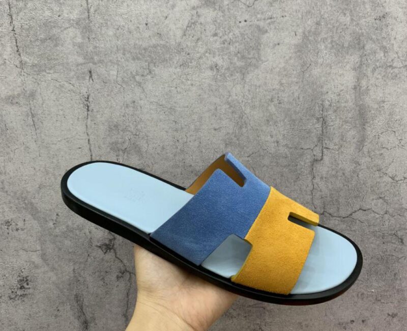 Dép Hermes Nam da Lộn 2 Màu (Bicolor) Xanh Vàng Like Auth Đế Gỗ