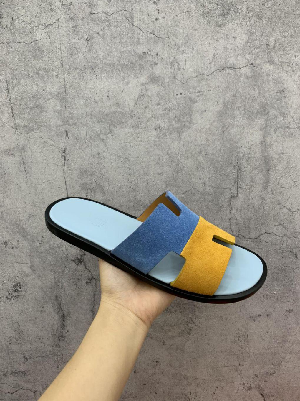 Dép Hermes Nam da Lộn 2 Màu (Bicolor) Xanh Vàng Like Auth Đế Gỗ