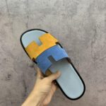 Dép Hermes Nam da Lộn 2 Màu (Bicolor) Xanh Vàng Like Auth Đế Gỗ