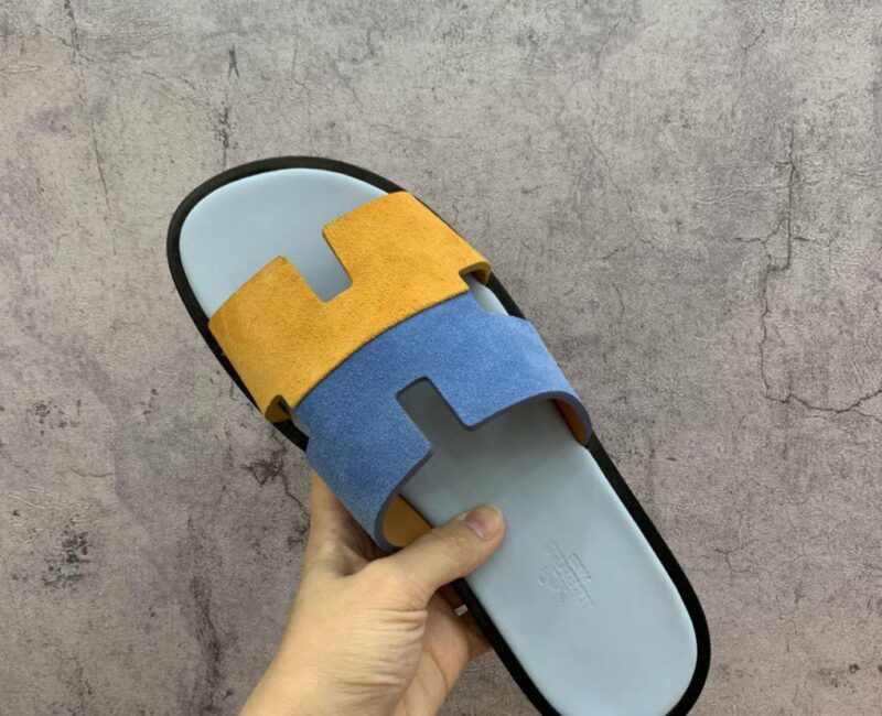 Dép Hermes Nam da Lộn 2 Màu (Bicolor) Xanh Vàng Like Auth Đế Gỗ