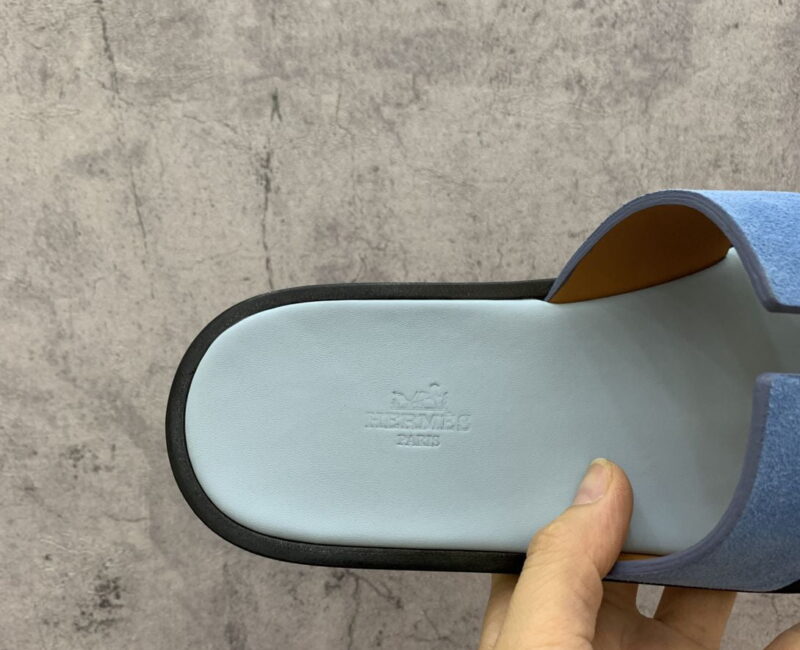 Dép Hermes Nam da Lộn 2 Màu (Bicolor) Xanh Vàng Like Auth Đế Gỗ