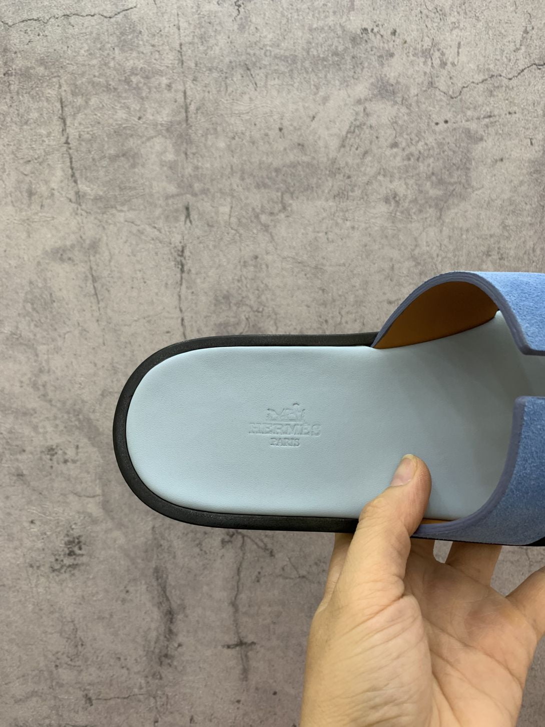 Dép Hermes Nam da Lộn 2 Màu (Bicolor) Xanh Vàng Like Auth Đế Gỗ