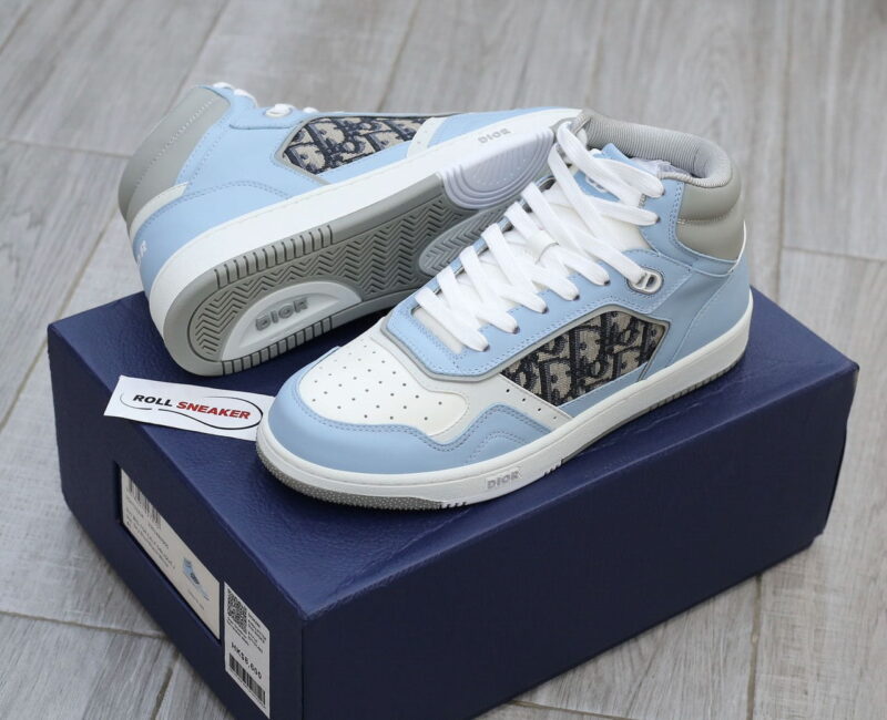 Giày Dior B27 High Light Blue and White Gray họa tiết vải Dior Oblique Jacquard Like Auth