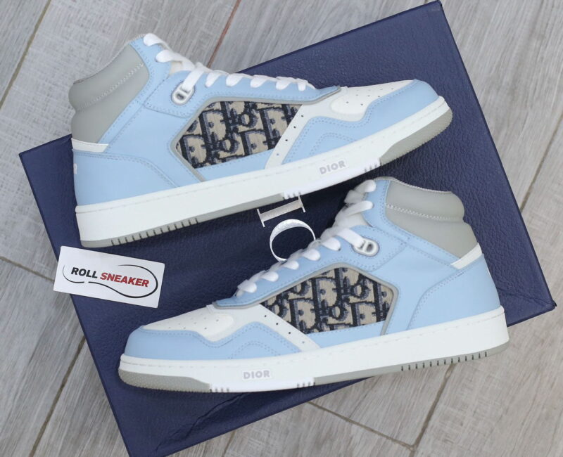 Giày Dior B27 High Light Blue and White Gray họa tiết vải Dior Oblique Jacquard Like Auth