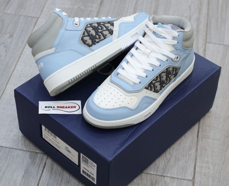 Giày Dior B27 High Light Blue and White Gray họa tiết vải Dior Oblique Jacquard Like Auth
