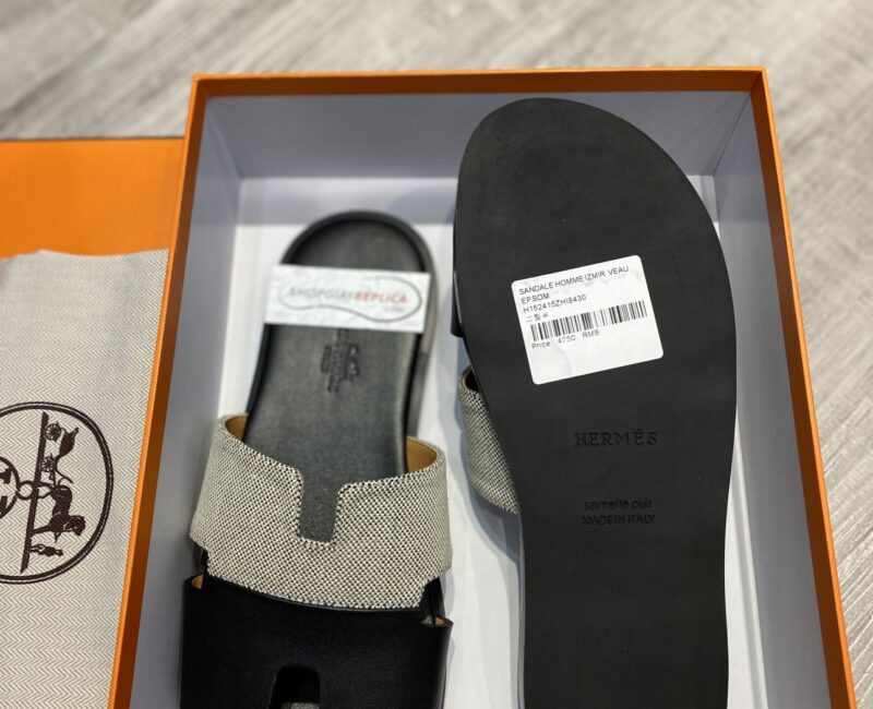 đế gỗ Dép Hermes Nam Canvas Bicolor Trắng Đen