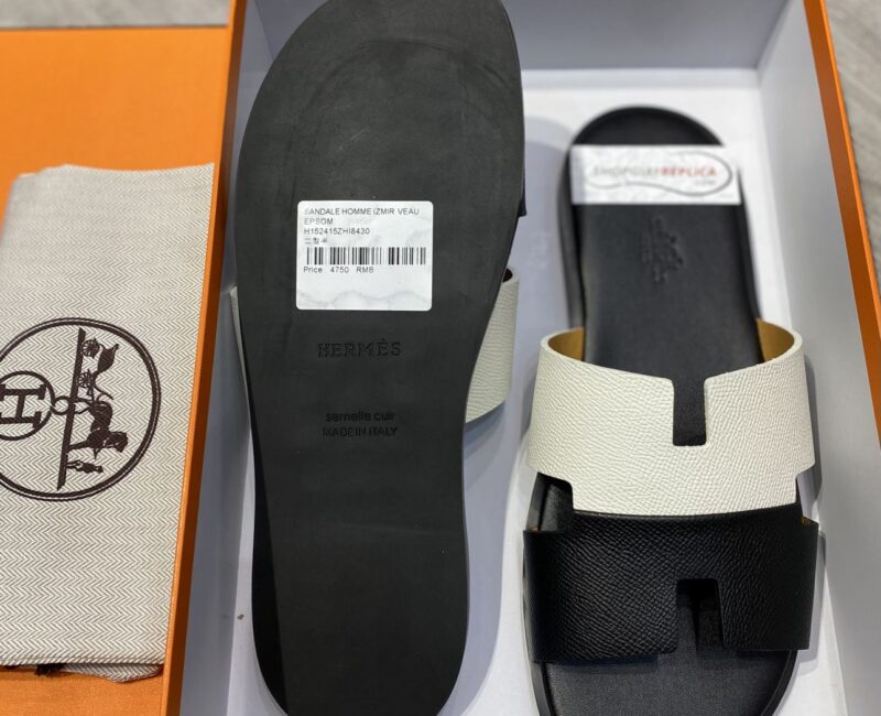 đế gỗ Dép Hermes Nam da Epsom (Sần) Bicolor Trắng Đen Siêu Cấp