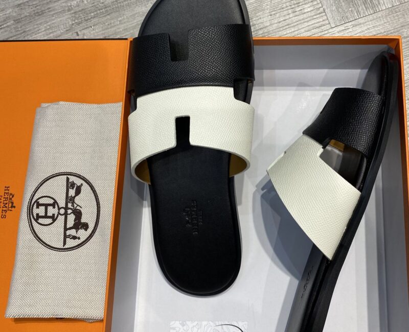 đế gỗ Dép Hermes Nam da Epsom (Sần) Bicolor Trắng Đen Siêu Cấp