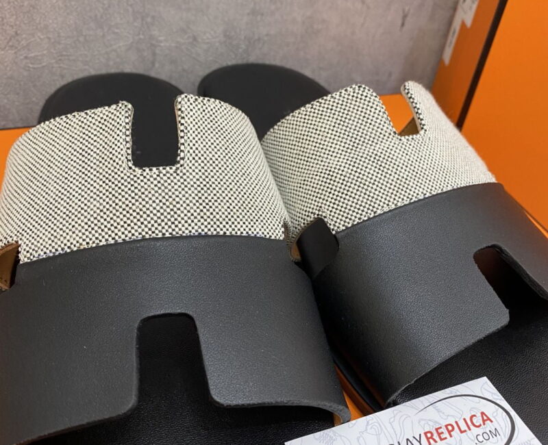 Dép Hermes Nam Canvas Bicolor Trắng Đen