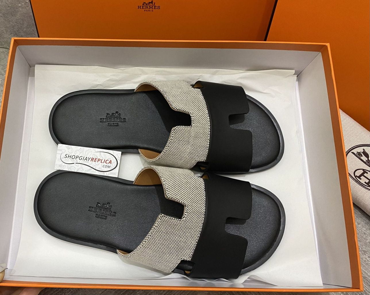 Dép Hermes Nam Canvas Bicolor Trắng Đen