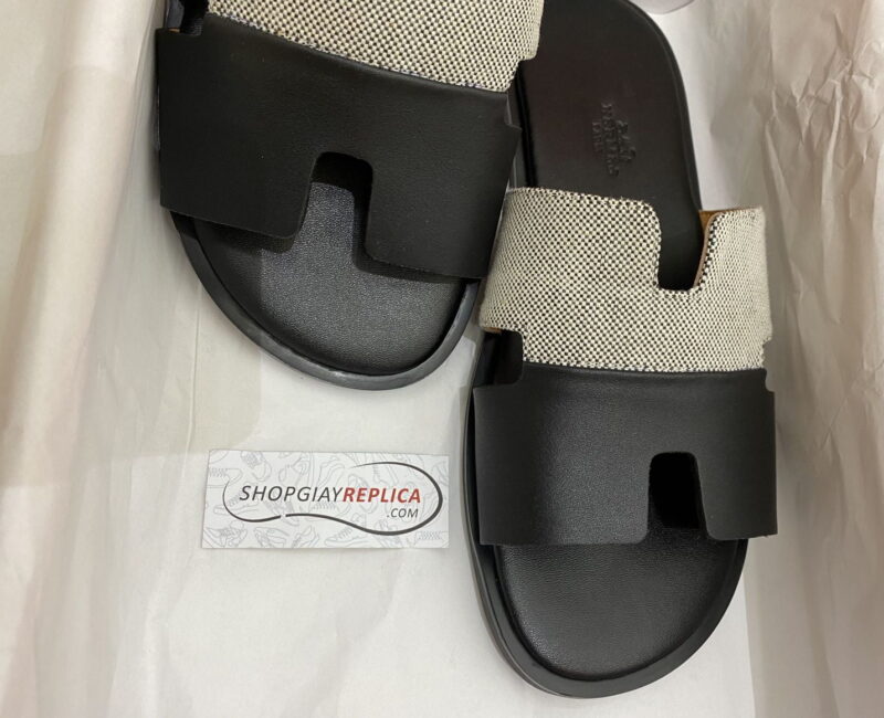 Dép Hermes Nam Canvas Bicolor Trắng Đen