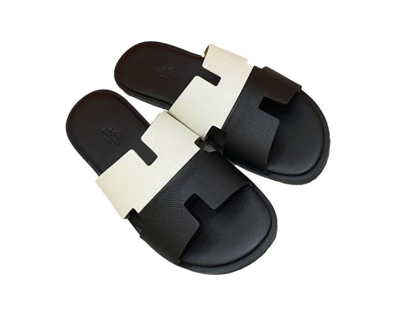 Dép Hermes Nam da Epsom (Sần) 2 Màu (Bicolor) Trắng Đen siêu cấp