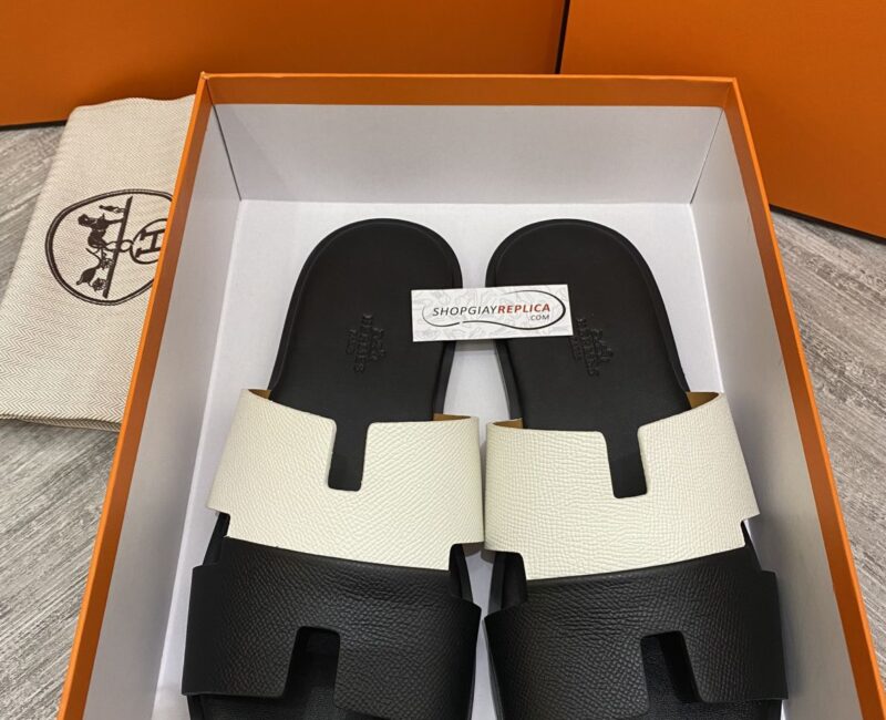 Dép Hermes Nam da Epsom (Sần) Bicolor Trắng Đen Siêu Cấp