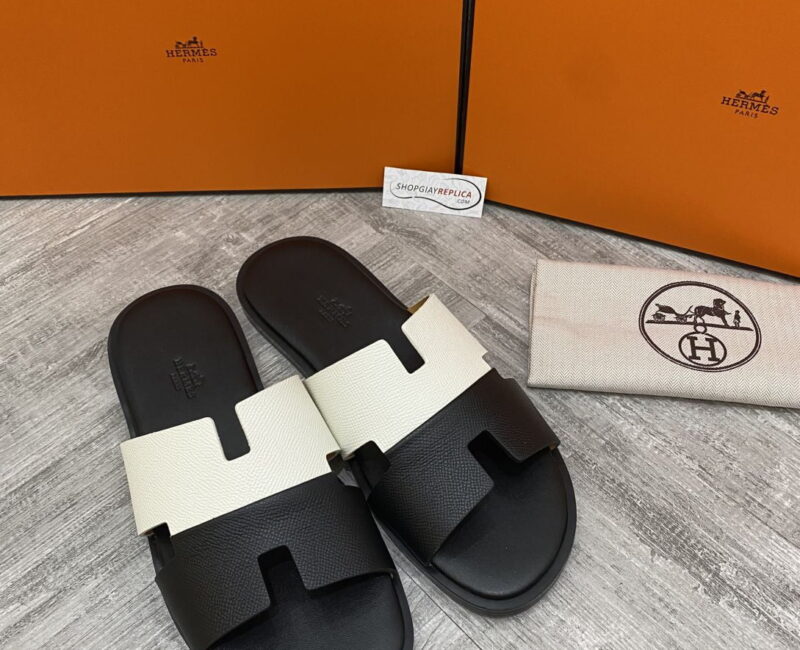 Dép Hermes Nam da Epsom (Sần) Bicolor Trắng Đen Siêu Cấp