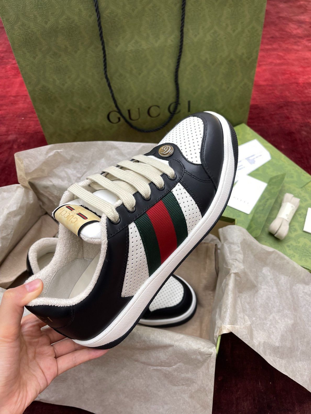 Giày Gucci Screener Black White Leather Like Auth