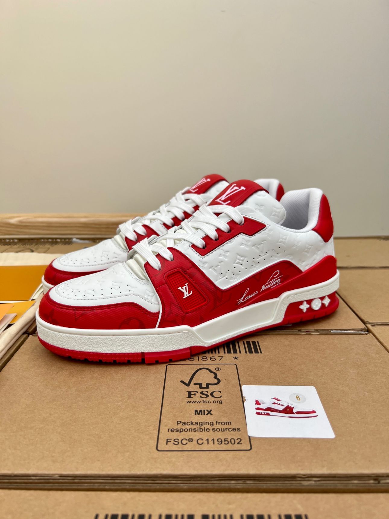 Giày Louis Vuitton Lv Trainer #54 Signature Red Like Auth