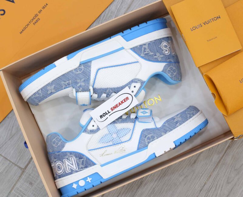 Giày Louis Vuitton Lv Trainer Monogram Denim Blue quai Velcro Like Auth