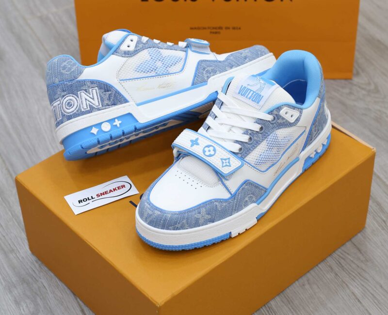 Giày Louis Vuitton Lv Trainer Monogram Denim Blue quai Velcro Like Auth