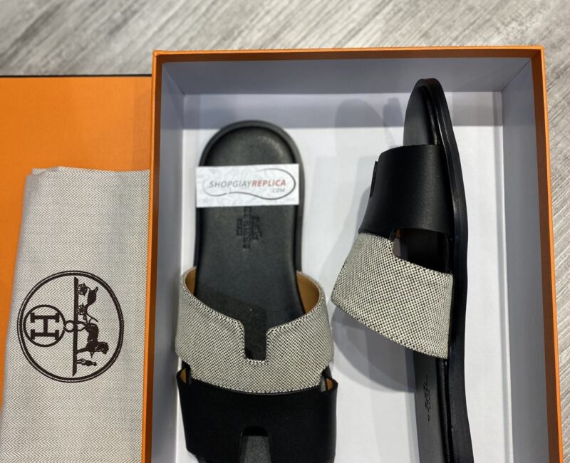 Dép Hermes Nam Canvas Bicolor Trắng Đen