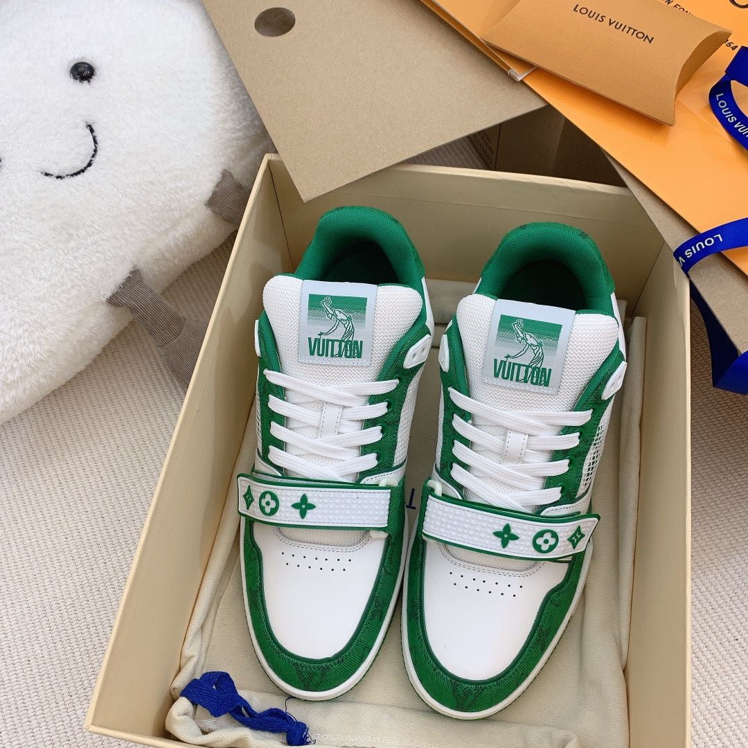 Giày Louis Vuitton Lv Trainer Monogram Green quai Velcro Like Auth
