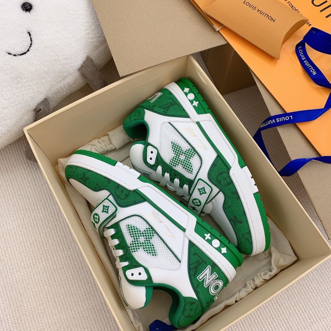 Giày Louis Vuitton Lv Trainer Monogram Xanh Green quai Velcro Like Auth
