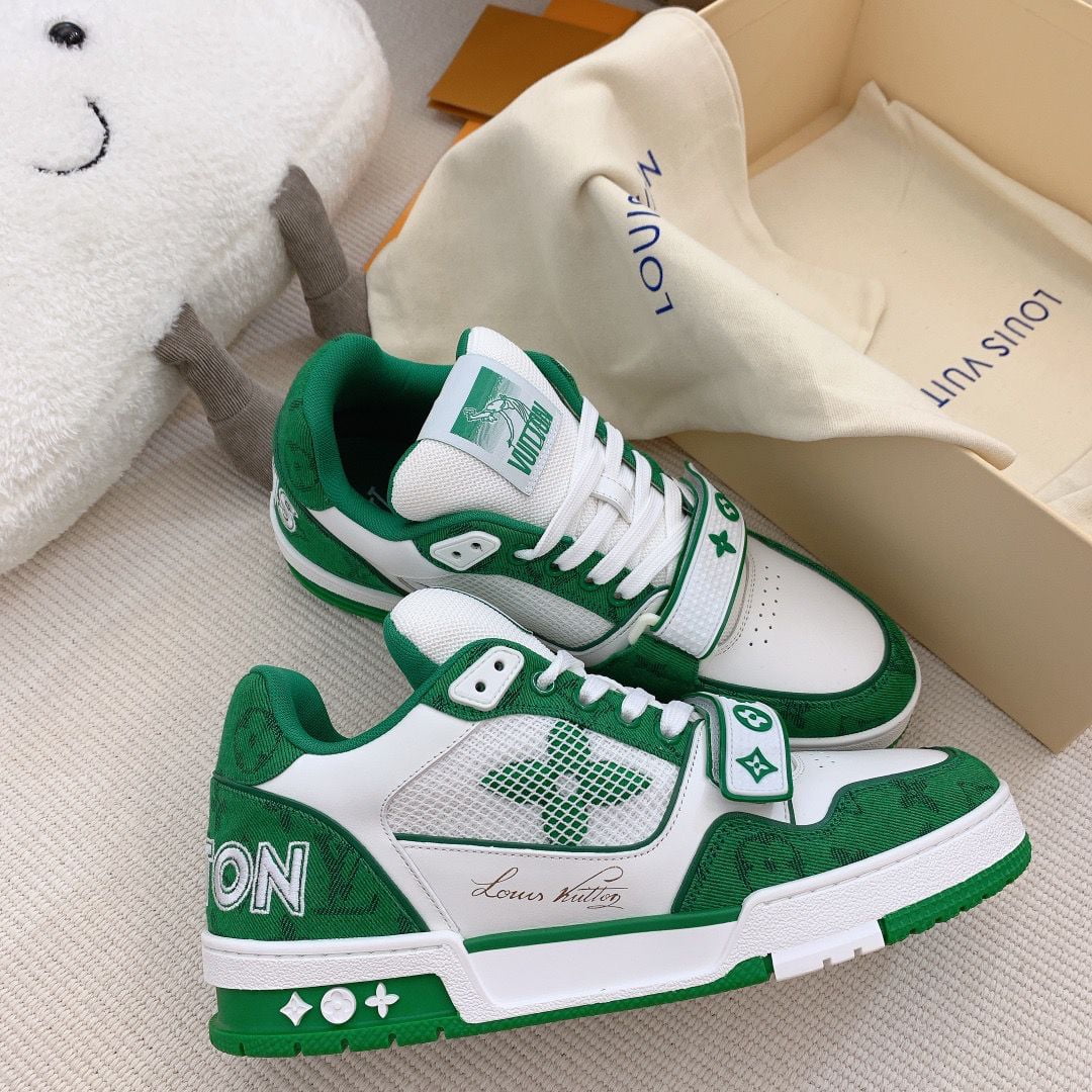 Giày Louis Vuitton Lv Trainer Monogram Xanh Green quai Velcro Like Auth