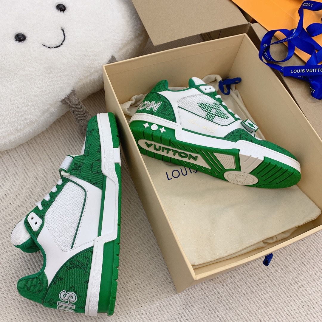 Giày Louis Vuitton Lv Trainer Monogram Xanh Green quai Velcro Like Auth