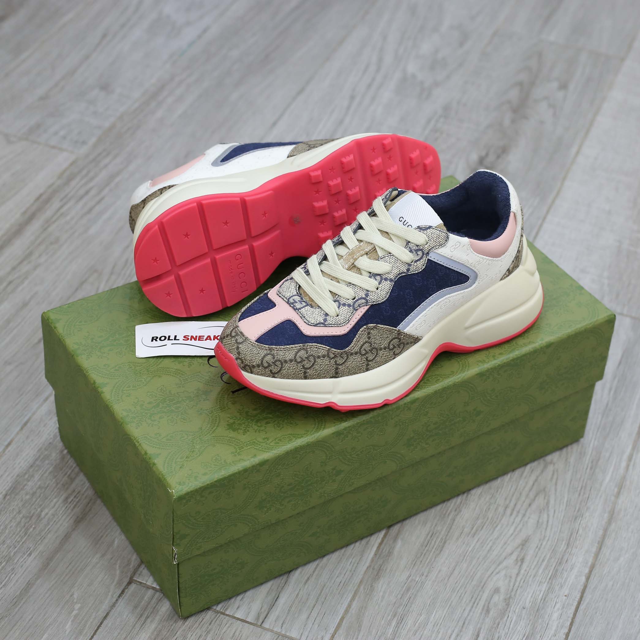 Giày Gucci GG Rhyton sneaker Pink leather and GG Canvas
