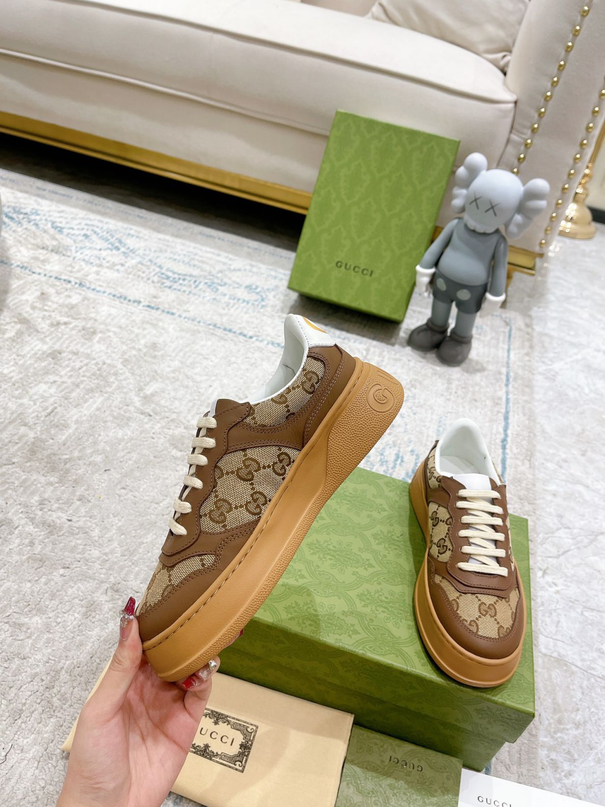 Giày Gucci GG Sneaker Brown leather họa tiết Orignal GG canvas Like Auth