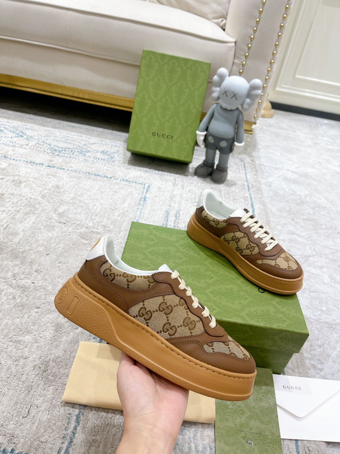 Giày Gucci GG Sneaker Brown leather họa tiết Orignal GG canvas Like Auth