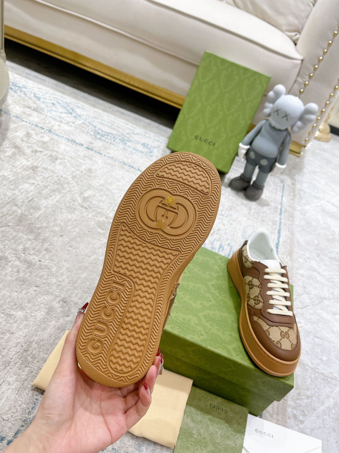 Giày Gucci GG Sneaker Brown leather họa tiết Orignal GG canvas Like Auth