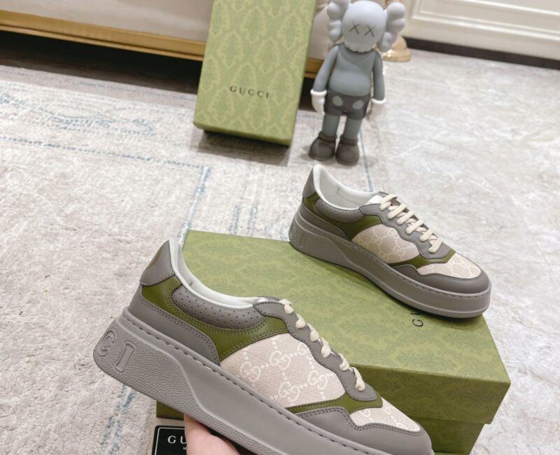Giày Gucci GG Sneaker Green Grey Leather họa tiết GG Supreme Canvas Like Auth