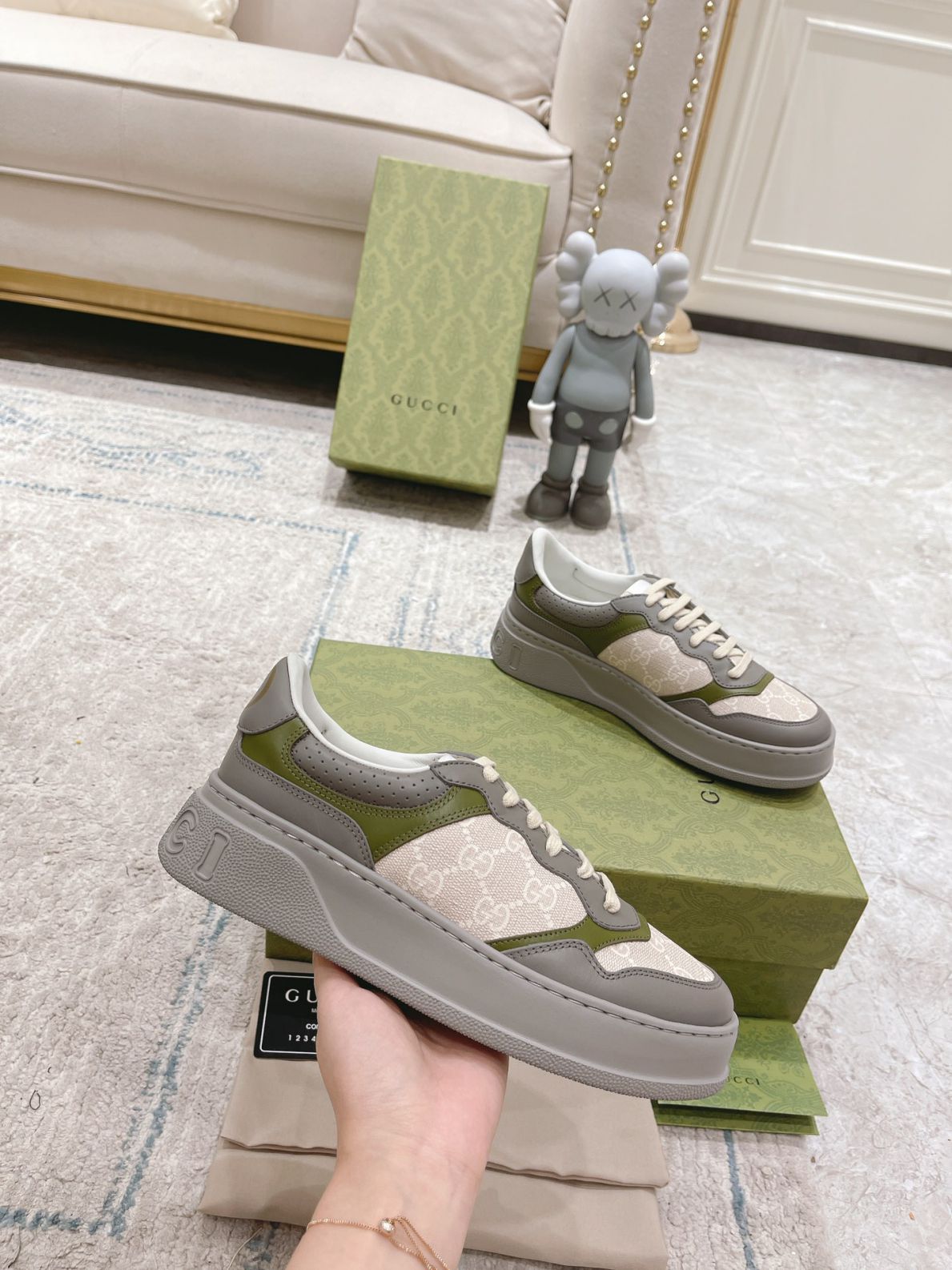 Giày Gucci GG Sneaker Green Grey Leather họa tiết GG Supreme Canvas Like Auth