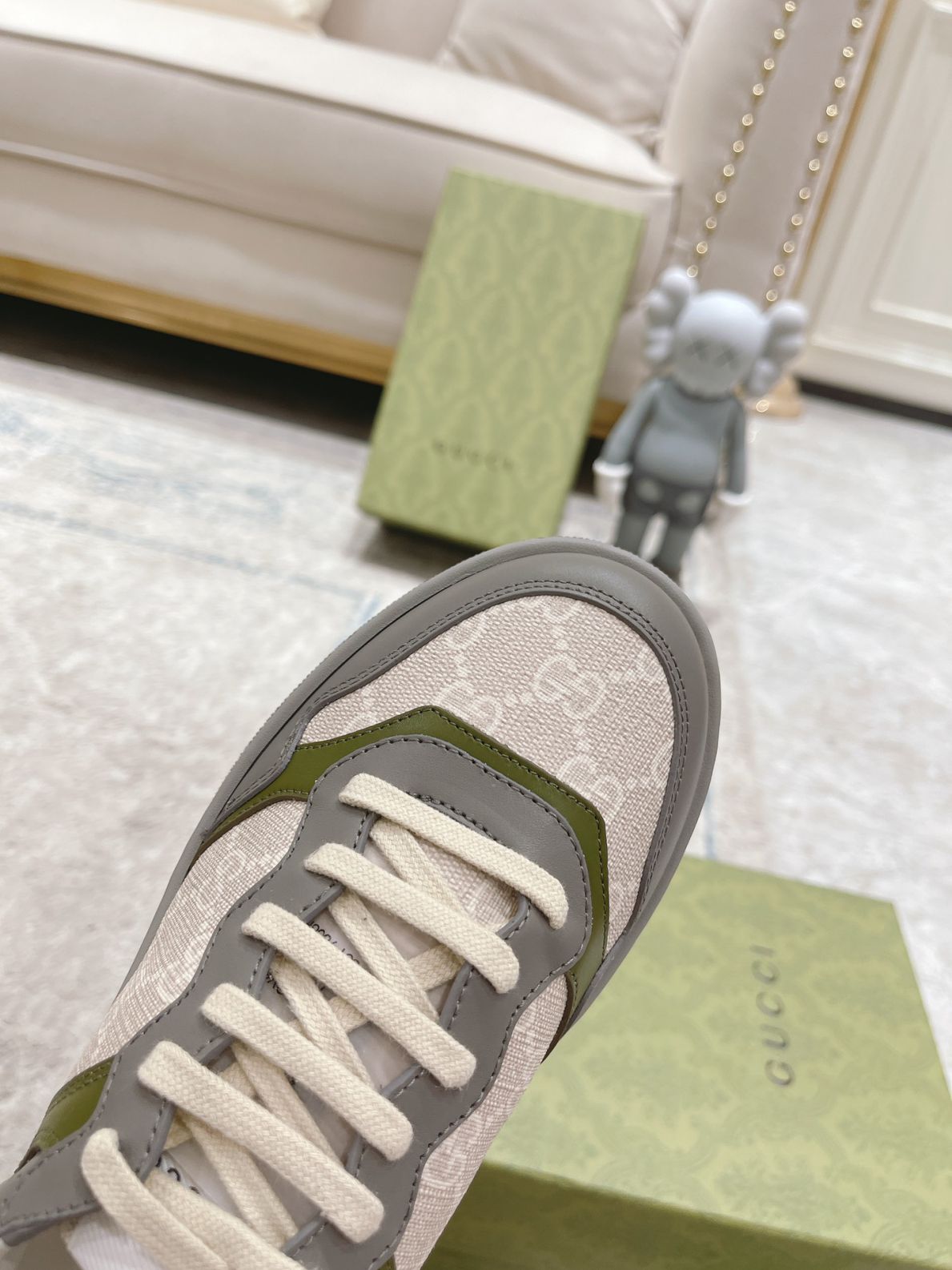 Giày Gucci GG Sneaker Green Grey Leather họa tiết GG Supreme Canvas Like Auth
