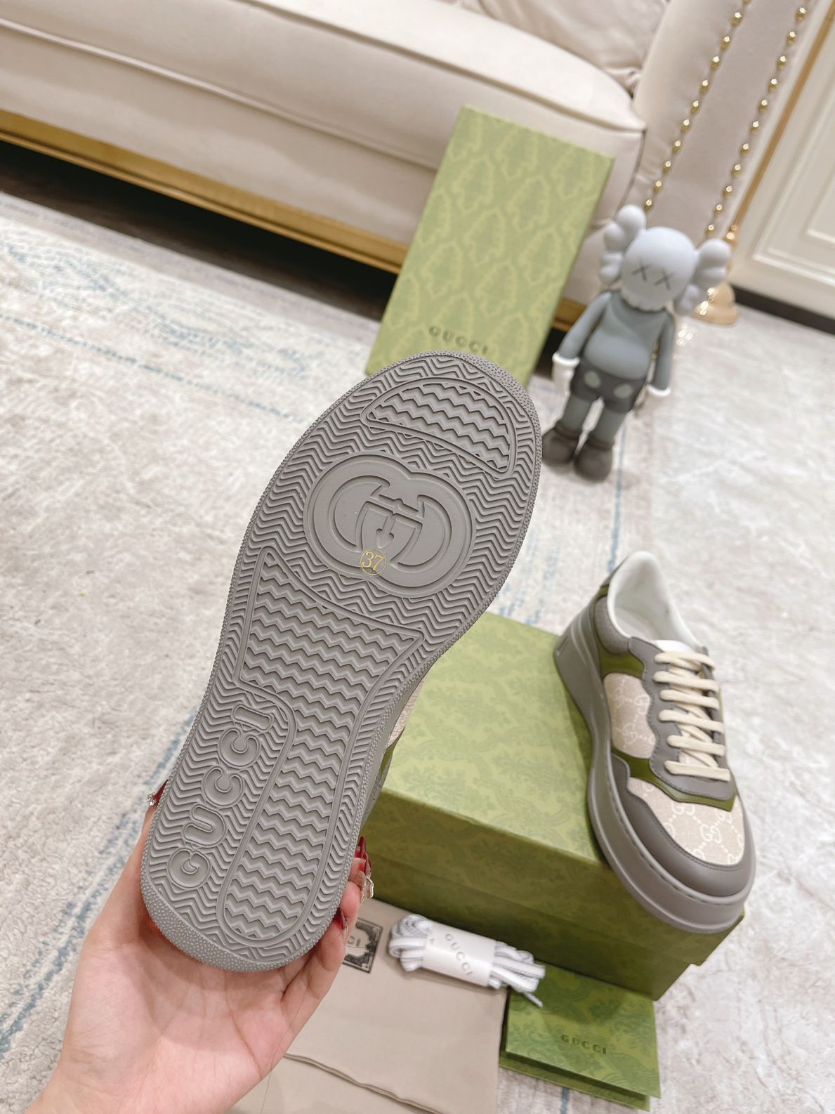 Giày Gucci GG Sneaker Green Grey Leather họa tiết GG Supreme Canvas Like Auth