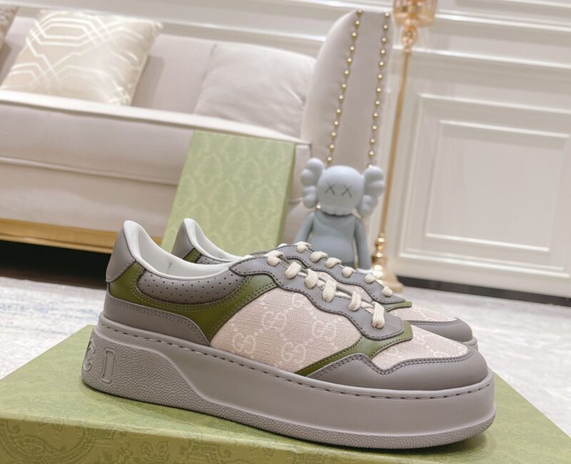 Giày Gucci GG Sneaker Green Grey Leather họa tiết GG Supreme Canvas Like Auth