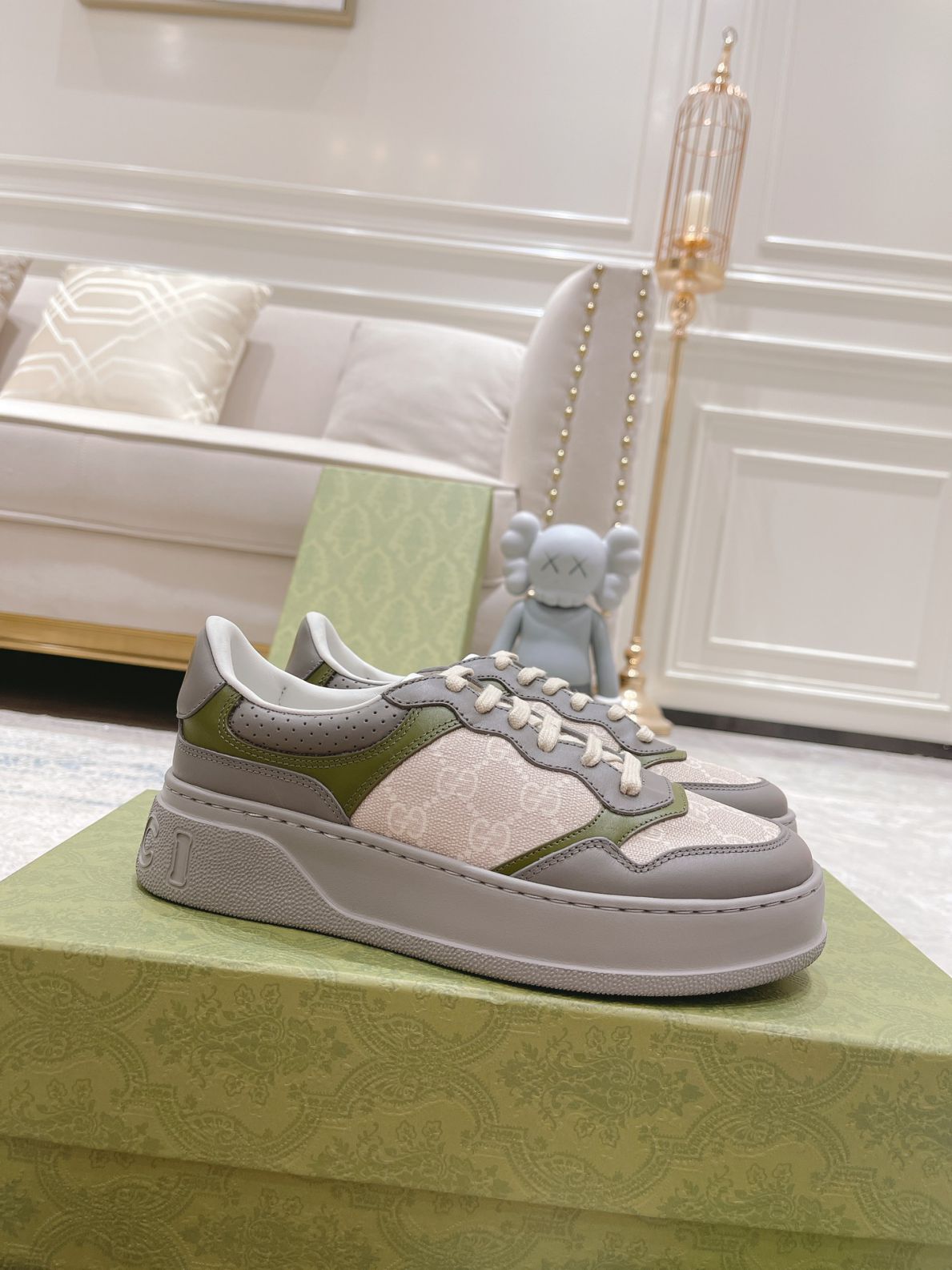 Giày Gucci GG Sneaker Green Grey Leather họa tiết GG Supreme Canvas Like Auth