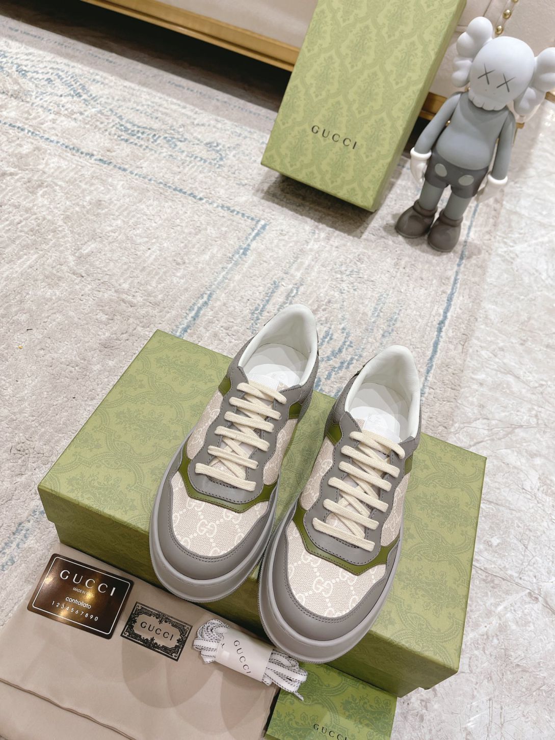 Giày Gucci GG Sneaker Green Grey Leather họa tiết GG Supreme Canvas Like Auth