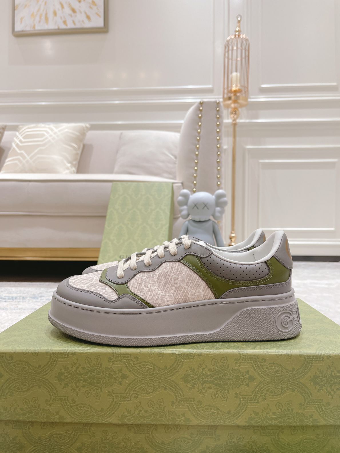 Giày Gucci GG Sneaker Green Grey Leather họa tiết GG Supreme Canvas Like Auth