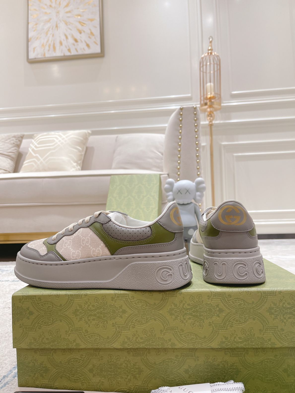 Giày Gucci GG Sneaker Green Grey Leather họa tiết GG Supreme Canvas Like Auth