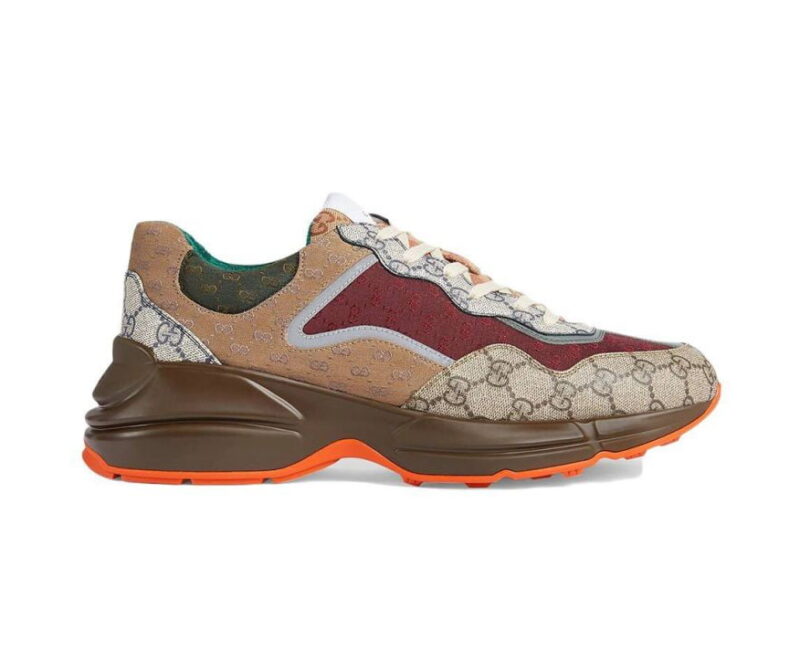 Giày Gucci GG Rhyton sneaker Beige Brick Red and Brown vải Canvas/Jacquard