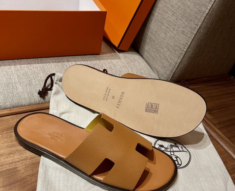 Dép Hermes Izmir Epsom Leather Brown Like Auth