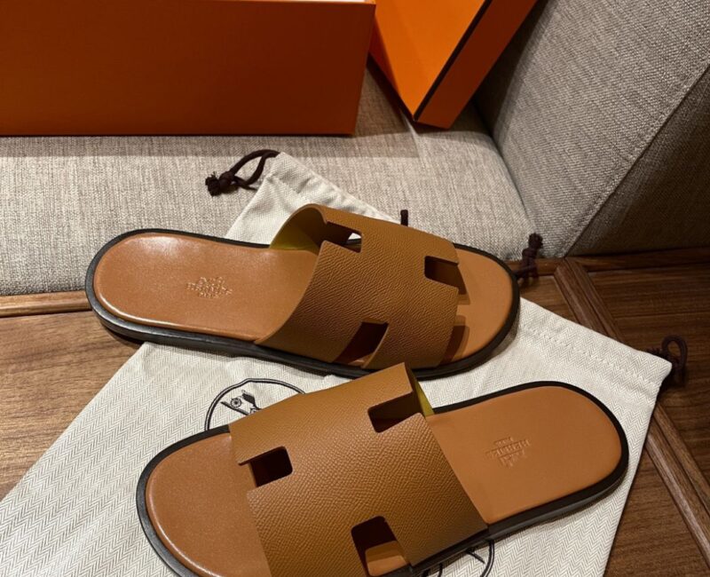Dép Hermes Izmir Epsom Leather Brown Like Auth