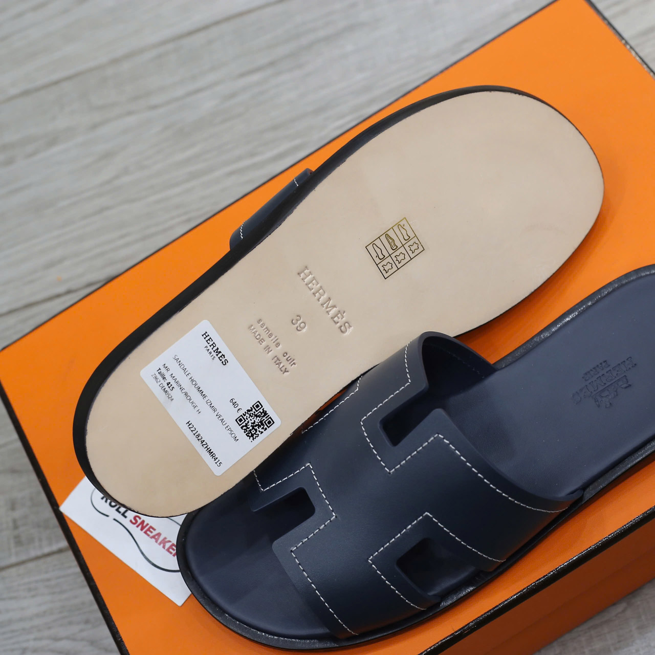 Dép Hermes izmir Marine/White Stitch Da Trơn Best Quality