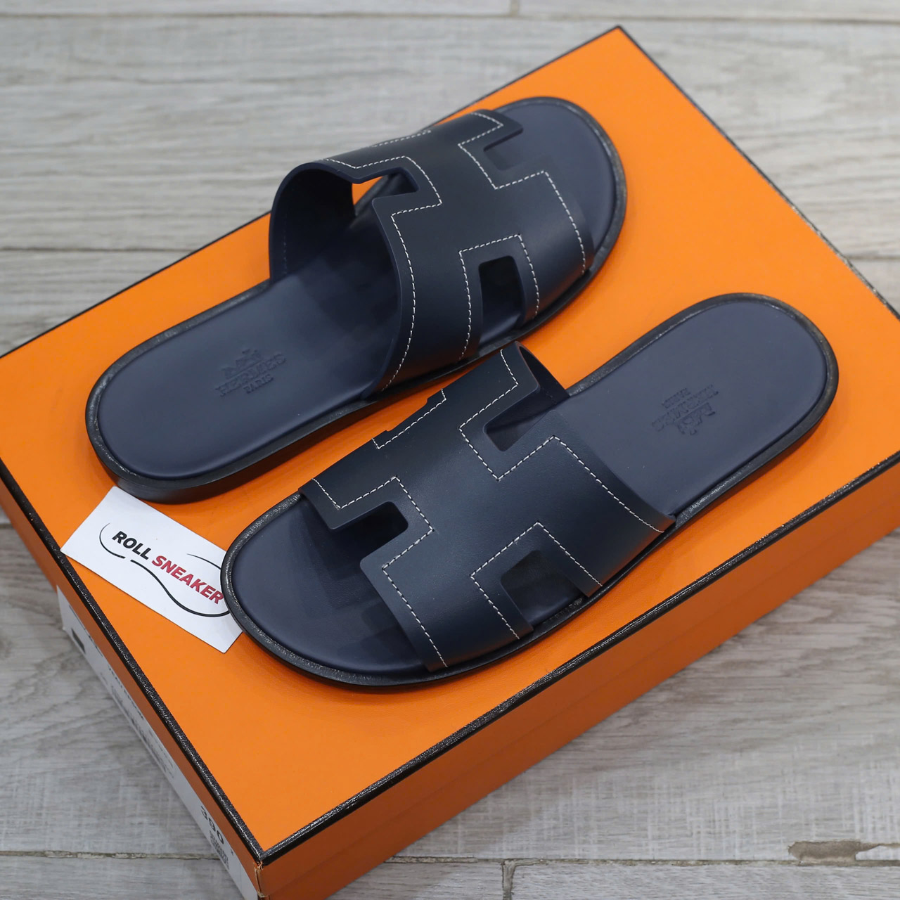 Dép Hermes izmir Marine/White Stitch Da Trơn Best Quality