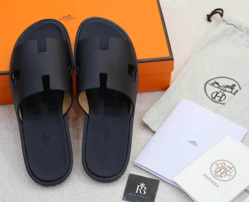 Dép Hermes Nam Full Đen Da Epsom (Sần) Like Auth