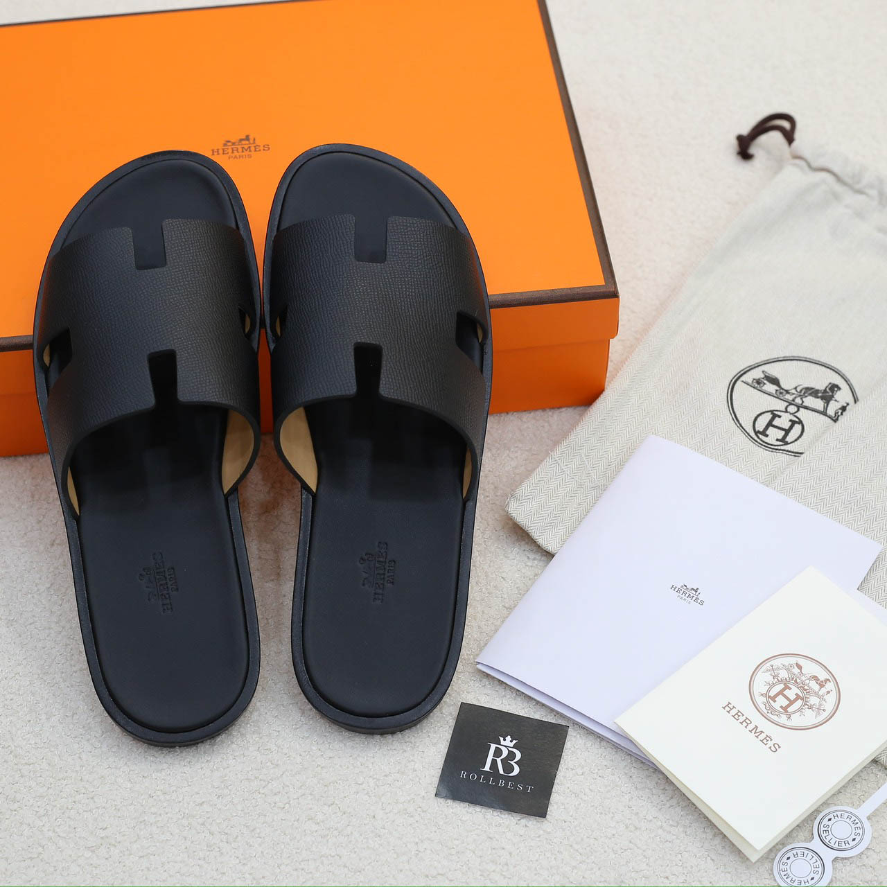 Dép Hermes Nam Full Đen Da Epsom (Sần) Like Auth