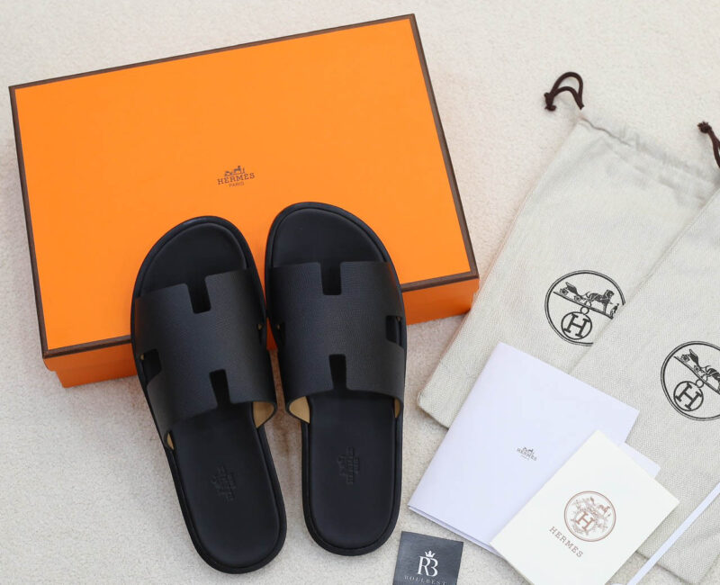 Dép Hermes Nam Full Đen Da Epsom (Sần) Like Auth